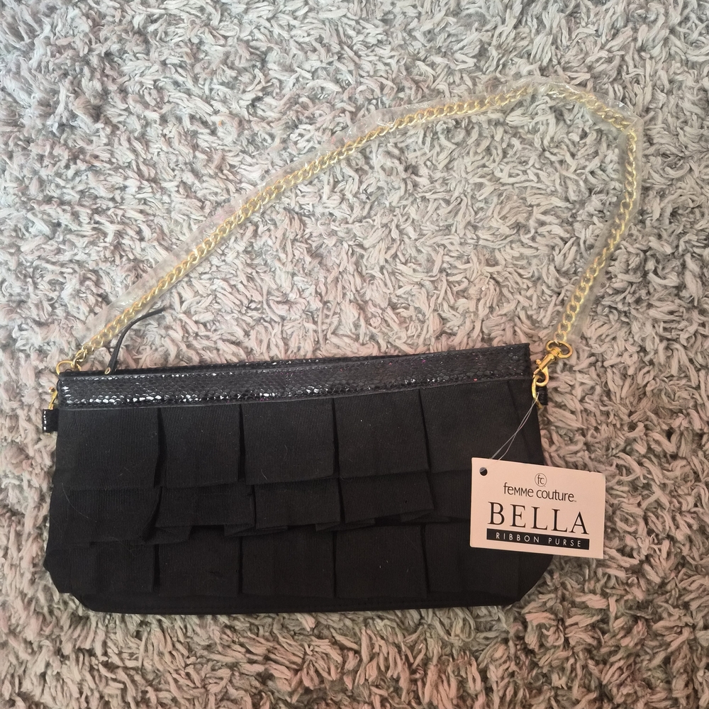 NWT Femme Couture Bella Black Ribbon Clutch w/ Chain